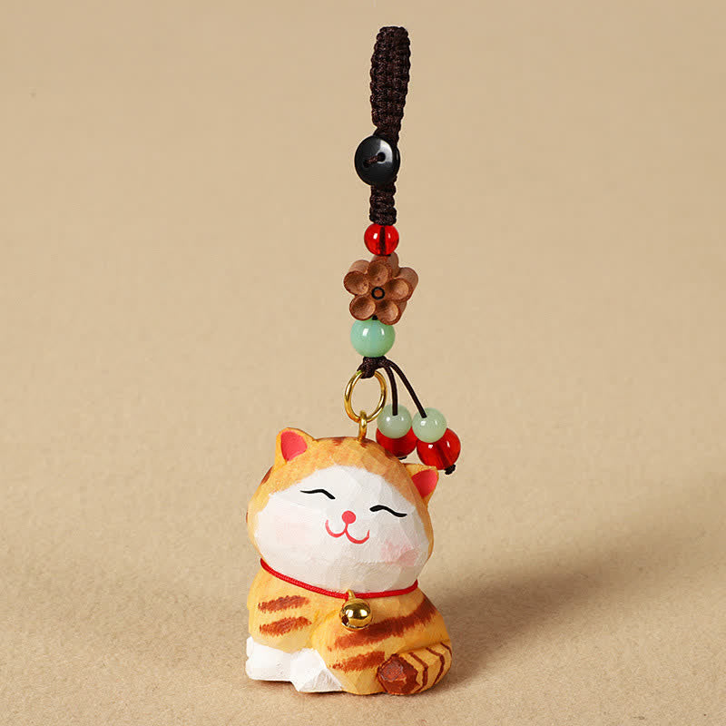 Buddha Stones Llaveros de madera tallada con forma de gato, Om Mani Padme Hum Focus - image 1