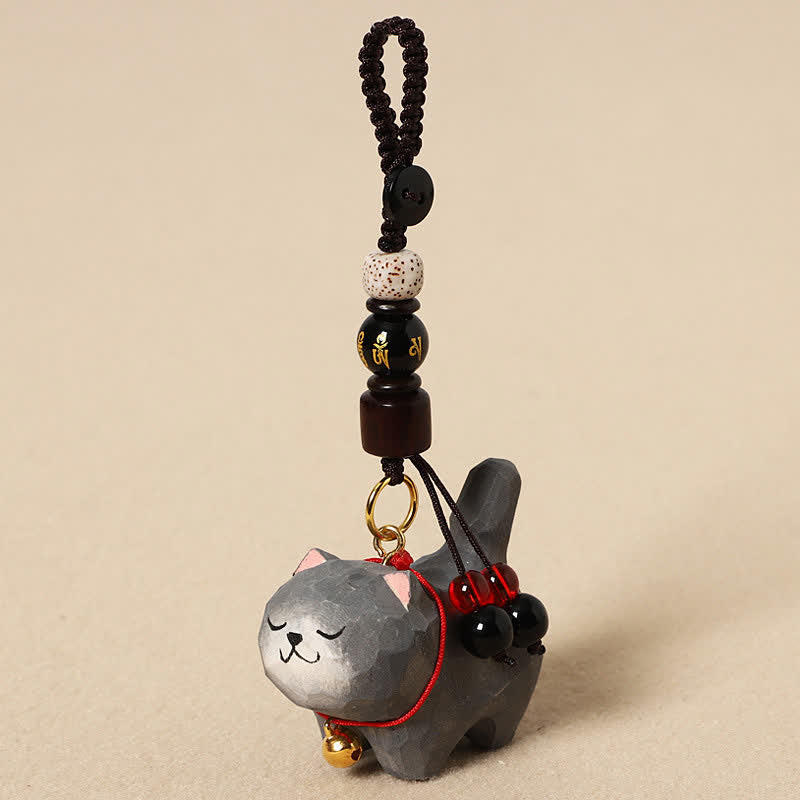 Buddha Stones Llaveros de madera tallada con forma de gato, Om Mani Padme Hum Paz - Om Mani Padme Hum Gato Gris Oscuro - image 13