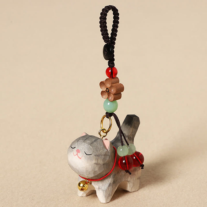 Buddha Stones Llaveros de madera tallada con forma de gato, Om Mani Padme Hum Paz - Gato gris - image 0