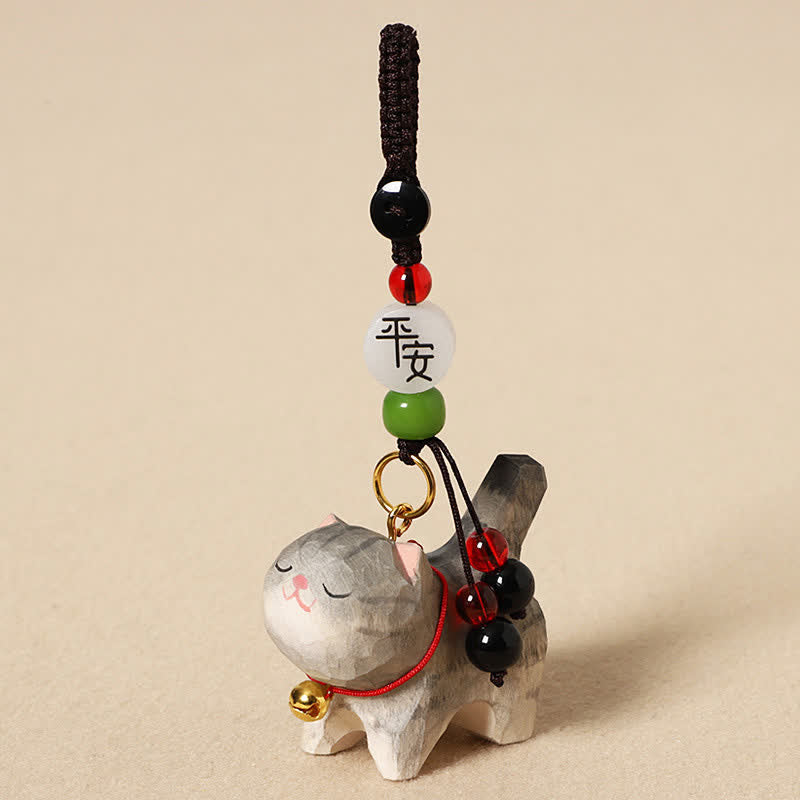 Buddha Stones Llaveros de madera tallada con forma de gato, Om Mani Padme Hum Paz - Gato gris pacífico - image 1