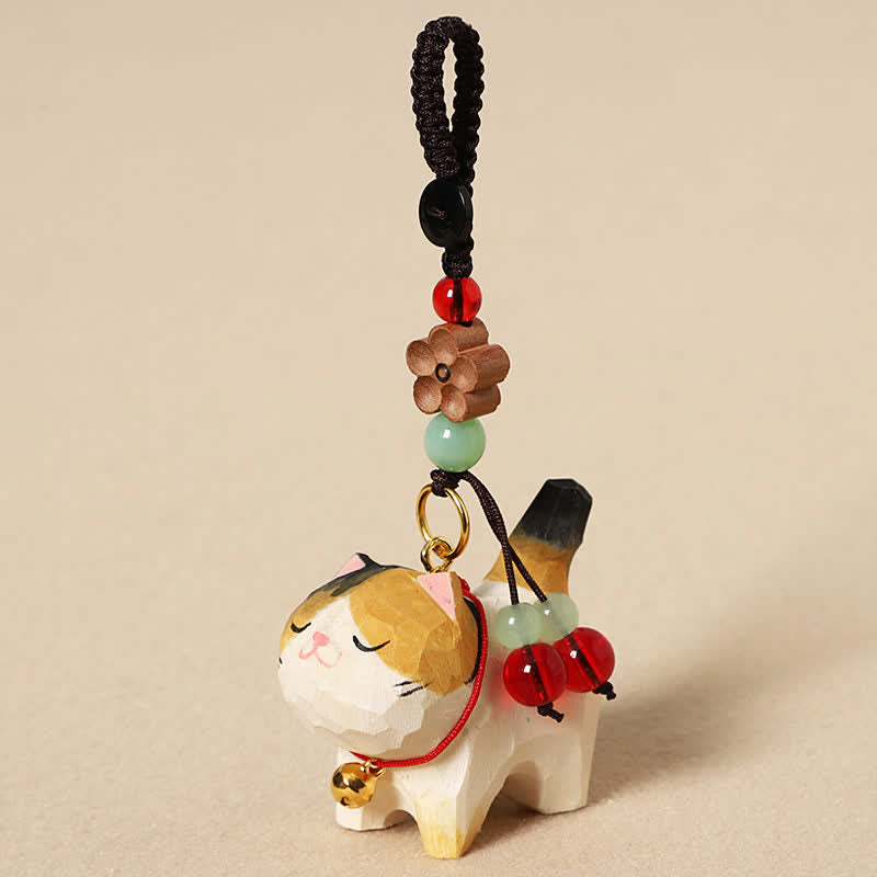 Buddha Stones Llaveros de madera tallada con forma de gato, Om Mani Padme Hum Paz - Gato tricolor - image 8