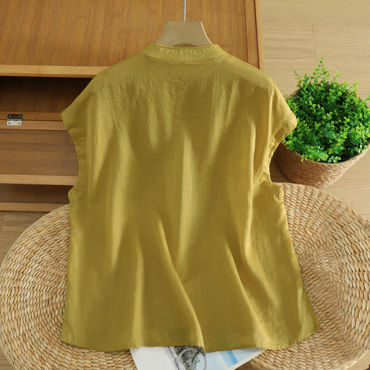 Buddha Stones Camiseta sin mangas estilo Tang informal con botones de rana para mujer. - image 1