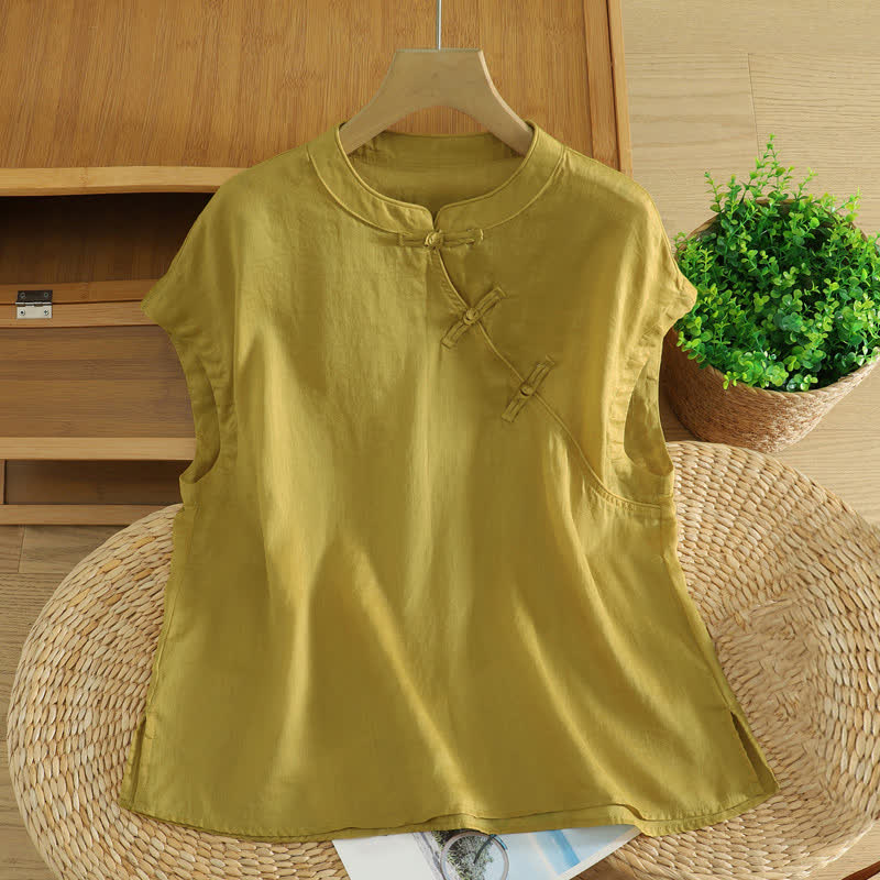 Buddha Stones Camiseta sin mangas estilo Tang informal con botones de rana para mujer. - Caqui oscuro - US12, UK/AU16, EU44 (2XL) - image 0