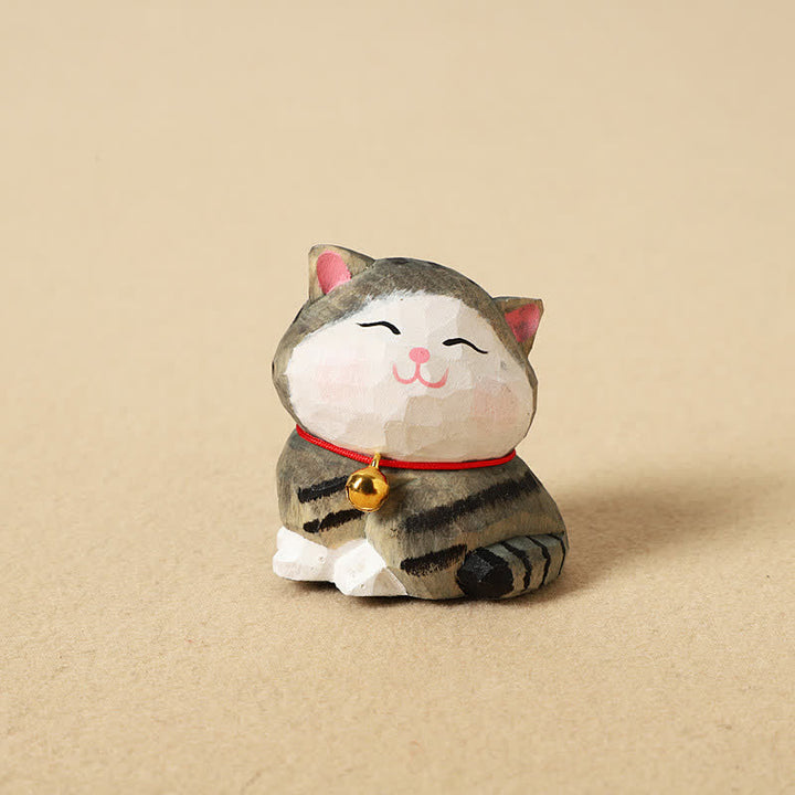 Buddha Stones Llavero de gato de equilibrio tallado a mano en madera natural. Lindo adorno de animal. - A rayas - image 3