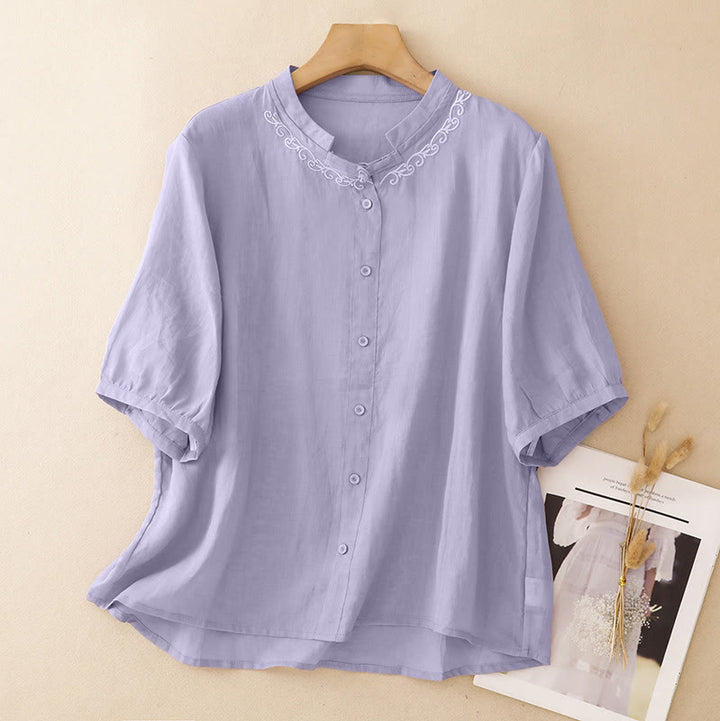 Buddha Stones Camisa de manga corta para mujer, estilo Tang, informal y elegante, con cuello redondo y botones, con bordado de enredaderas. - Cardo - US8-10, UK/AU12-14, EU40-42 (2XL) - image 0