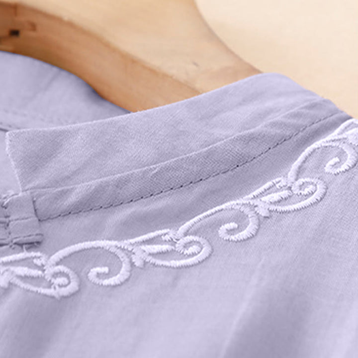 Buddha Stones Camisa de manga corta para mujer, estilo Tang, informal y elegante, con cuello redondo y botones, con bordado de enredaderas. - image 3
