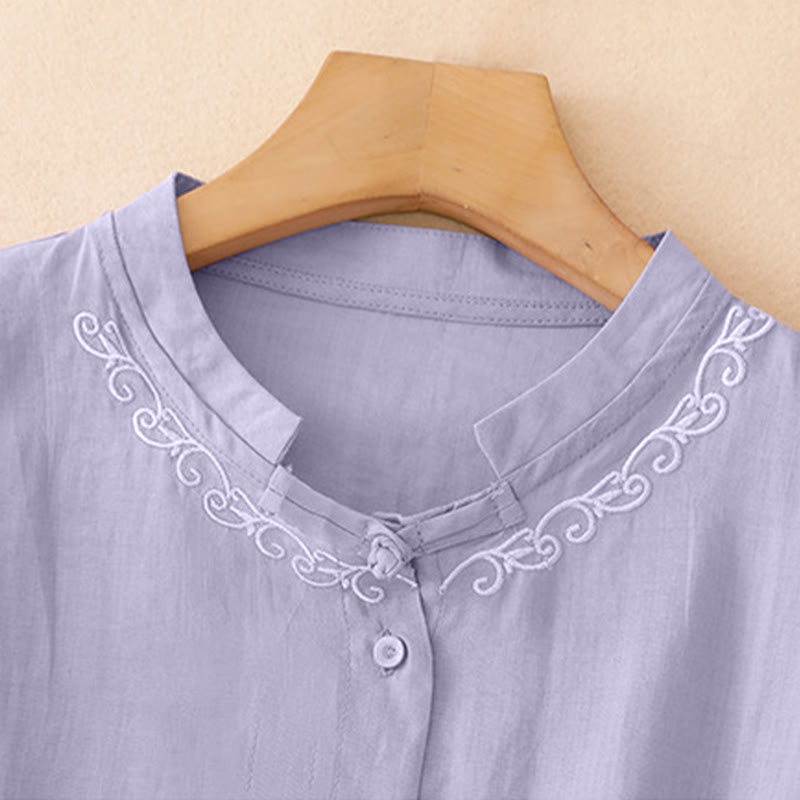 Buddha Stones Camisa de manga corta para mujer, estilo Tang, informal y elegante, con cuello redondo y botones, con bordado de enredaderas. - image 1
