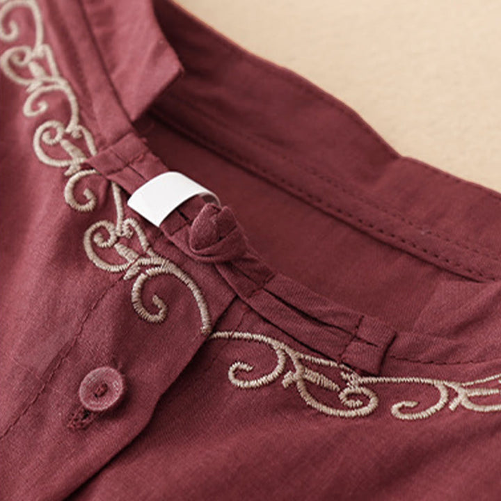 Buddha Stones Camisa de manga corta para mujer, estilo Tang, informal y elegante, con cuello redondo y botones, con bordado de enredaderas. - image 19