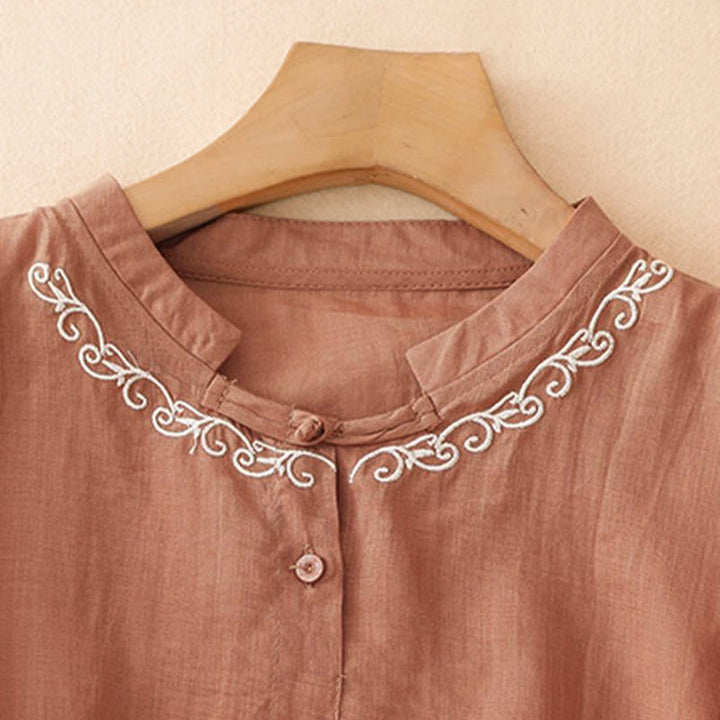 Buddha Stones Camisa de manga corta para mujer, estilo Tang, informal y elegante, con cuello redondo y botones, con bordado de enredaderas. - image 10
