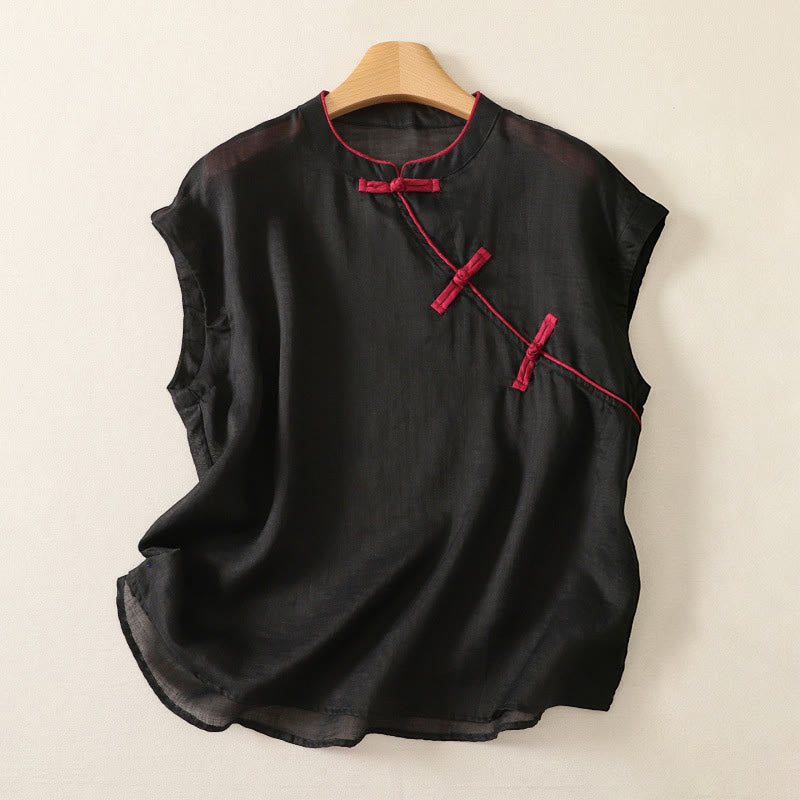Buddha Stones Camiseta sin mangas estilo Tang informal con botones de rana para mujer. - Negro - US12, UK/AU16, EU44 (2XL) - image 0