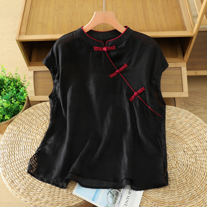 Buddha Stones Camiseta sin mangas estilo Tang informal con botones de rana para mujer. - image 1