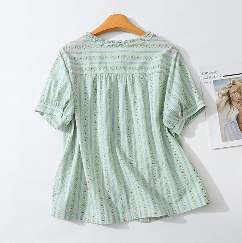 Buddha Stones Camisa de manga corta para mujer, estilo casual de verano, elegante, con botones, estampado floral y rayas, cuello redondo. - image 11