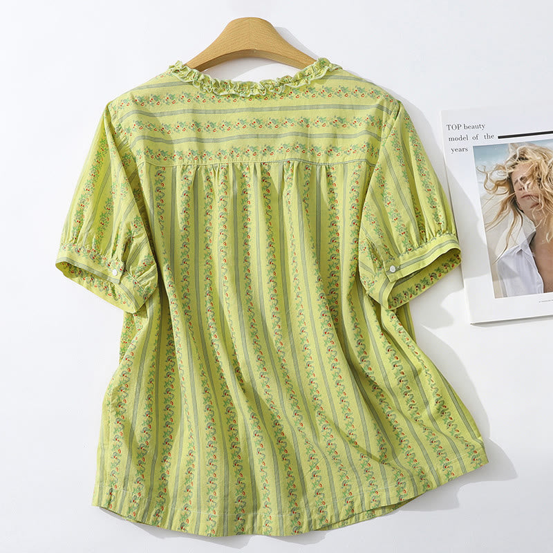 Buddha Stones Camisa de manga corta para mujer, estilo casual de verano, elegante, con botones, estampado floral y rayas, cuello redondo. - image 1