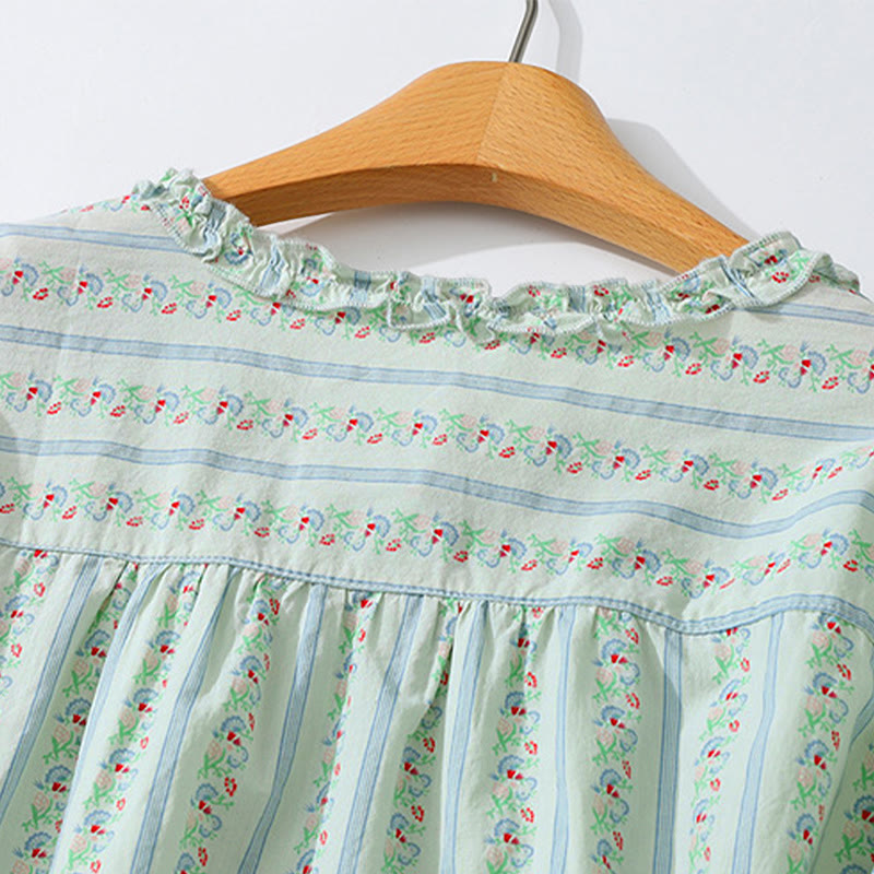Buddha Stones Camisa de manga corta para mujer, estilo casual de verano, elegante, con botones, estampado floral y rayas, cuello redondo. - image 13