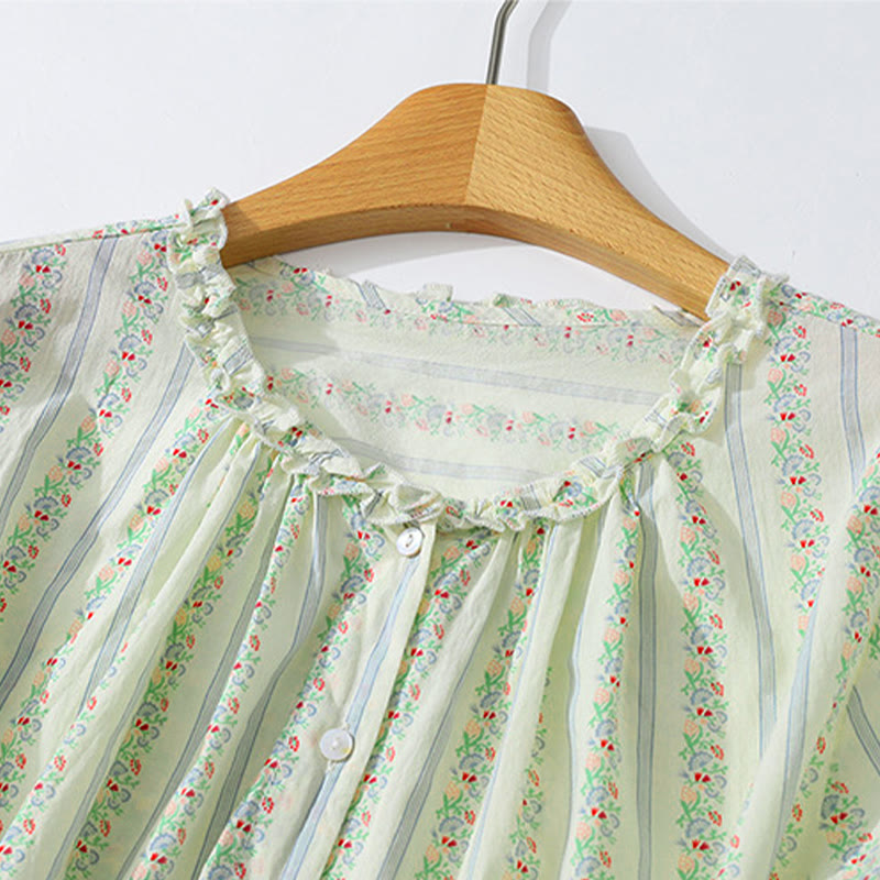 Buddha Stones Camisa de manga corta para mujer, estilo casual de verano, elegante, con botones, estampado floral y rayas, cuello redondo. - image 21