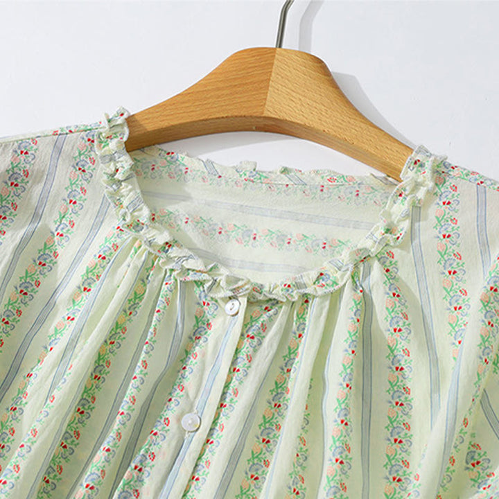 Buddha Stones Camisa de manga corta para mujer, estilo casual de verano, elegante, con botones, estampado floral y rayas, cuello redondo. - image 21