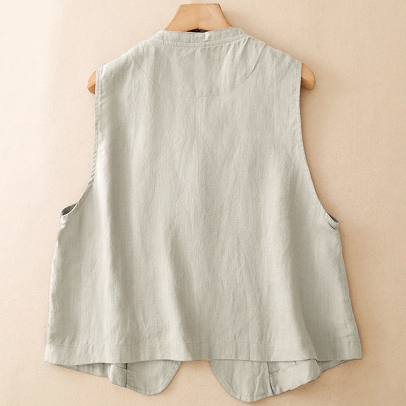Buddha Stones Camiseta sin mangas lisa de cuello en V con botones, estilo casual de verano para mujer. - image 2