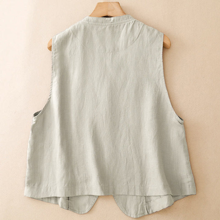 Buddha Stones Camiseta sin mangas lisa de cuello en V con botones, estilo casual de verano para mujer. - image 2