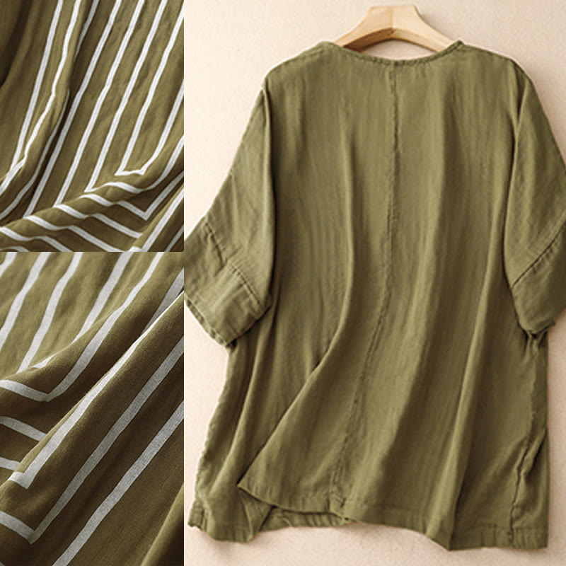 Buddha Stones Camiseta de lino y algodón de manga corta con estampado de líneas informales para mujer - image 1