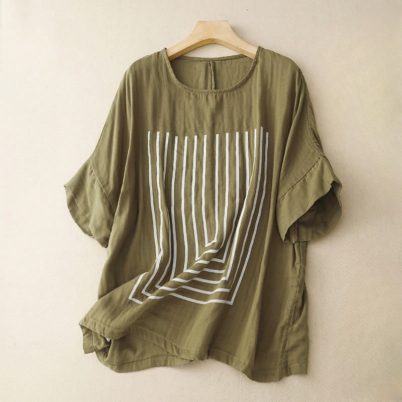 Buddha Stones Camiseta de lino y algodón de manga corta con estampado de líneas informales para mujer - Aceituna - US12, UK/AU16, EU44 (2XL) - image 0