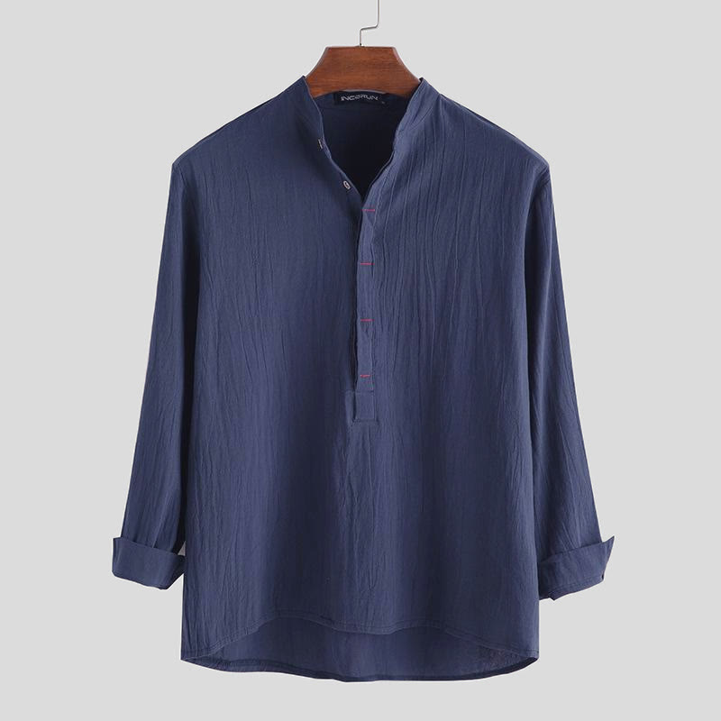 Camisa de manga larga de algodón para hombre con Buddha Stones, color liso y hasta medio botón. - Azul acero - US/UK/AU42, EU52 (3XL) - image 4