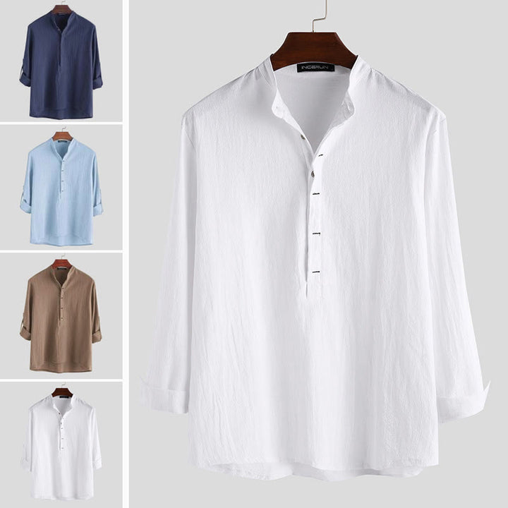 Camisa de manga larga de algodón para hombre con Buddha Stones, color liso y hasta medio botón. - image 1