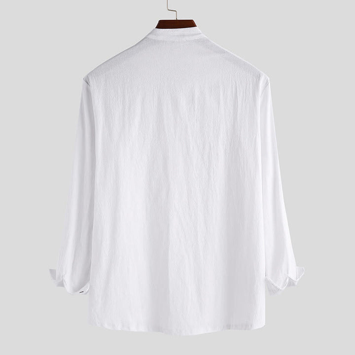 Camisa de manga larga de algodón para hombre con Buddha Stones, color liso y hasta medio botón. - image 2