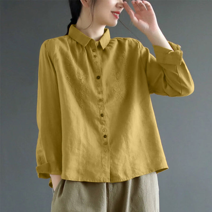Camisa de mujer de manga larga con botones coloridos y bordado de Buddha Stones para primavera. - Vara de oro oscura - US12, UK/AU16, EU44 (2XL) - image 0