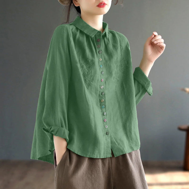 Camisa de mujer de manga larga con botones coloridos y bordado de Buddha Stones para primavera. - Verde mar medio - US8-10，UK/AU12-14，EU40-42 (2XL) - image 9
