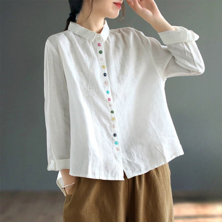 Camisa de mujer de manga larga con botones coloridos y bordado de Buddha Stones para primavera. - Blanco - US12, UK/AU16, EU44 (2XL) - image 5