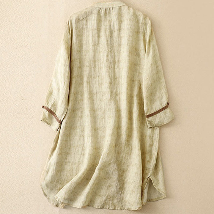 Vestido midi casual de verano con cuello alto y mangas tres cuartos, diseño de Buddha Stones y bordados. - image 12