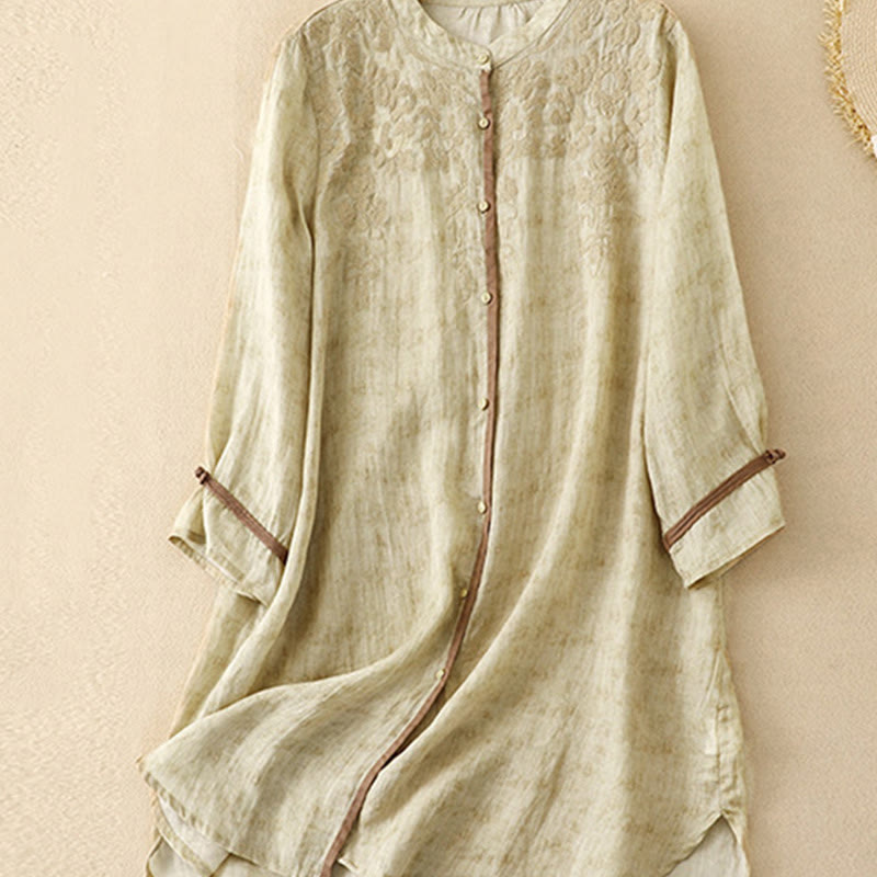Vestido midi casual de verano con cuello alto y mangas tres cuartos, diseño de Buddha Stones y bordados. - image 13