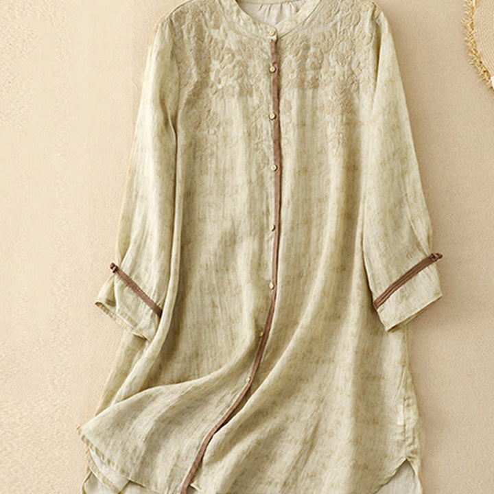 Vestido midi casual de verano con cuello alto y mangas tres cuartos, diseño de Buddha Stones y bordados. - image 13
