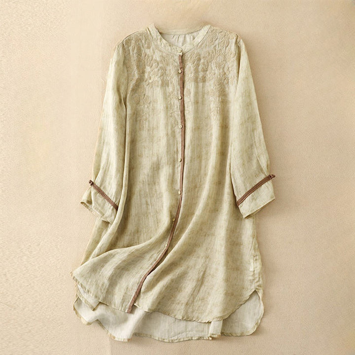 Vestido midi casual de verano con cuello alto y mangas tres cuartos, diseño de Buddha Stones y bordados. - Limón Chiffon - US8-10，UK/AU12-14，EU40-42 (2XL) - image 11
