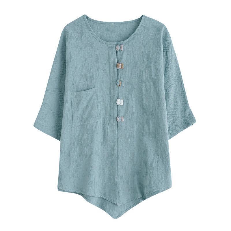 Camisa de mujer informal con estampado de Buddha Stones , flores coloridas y botones de rana, manga corta. - image 2