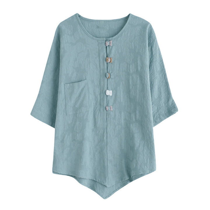 Camisa de mujer informal con estampado de Buddha Stones , flores coloridas y botones de rana, manga corta. - image 2