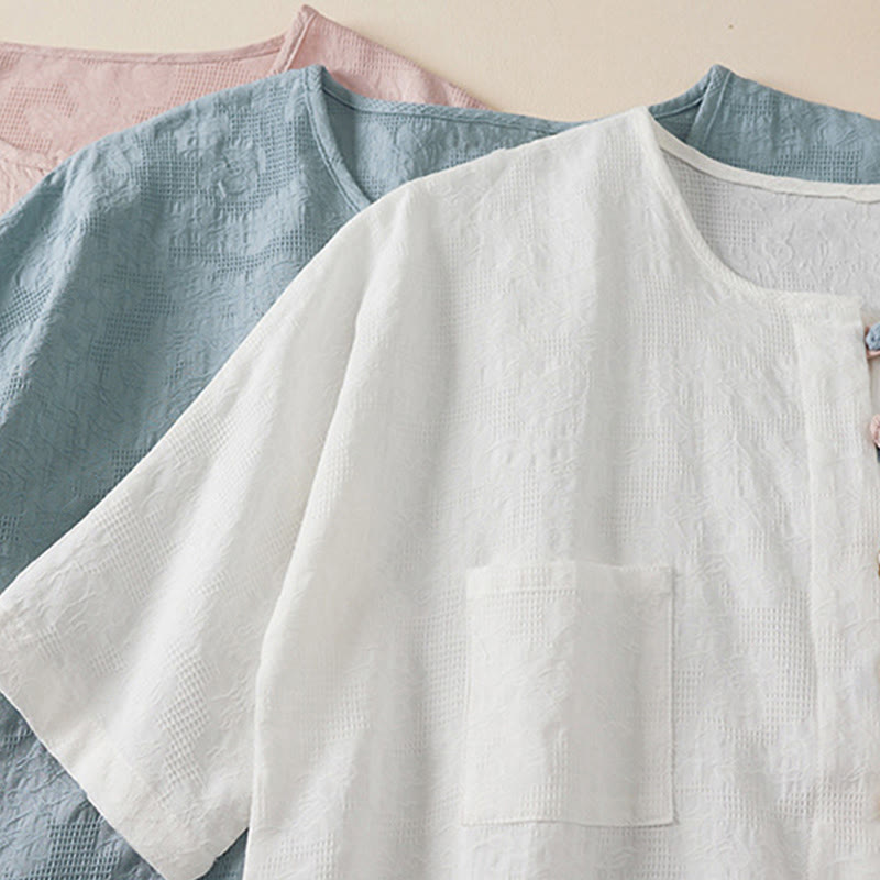 Camisa de mujer informal con estampado de Buddha Stones , flores coloridas y botones de rana, manga corta. - image 17