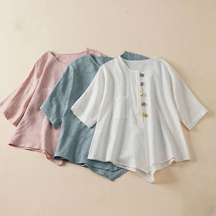 Camisa de mujer informal con estampado de Buddha Stones , flores coloridas y botones de rana, manga corta. - image 16
