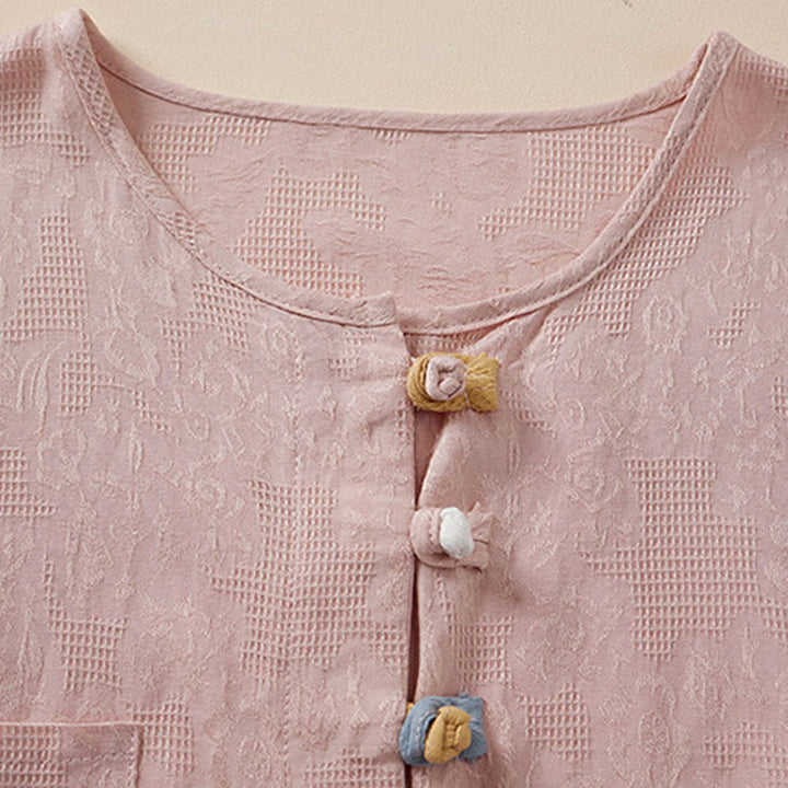 Camisa de mujer informal con estampado de Buddha Stones , flores coloridas y botones de rana, manga corta. - image 5