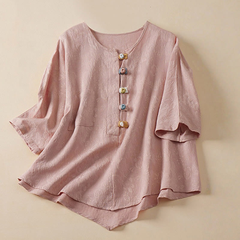 Camisa de mujer informal con estampado de Buddha Stones , flores coloridas y botones de rana, manga corta. - Rosa - US8-10，UK/AU12-14，EU40-42 (2XL) - image 3