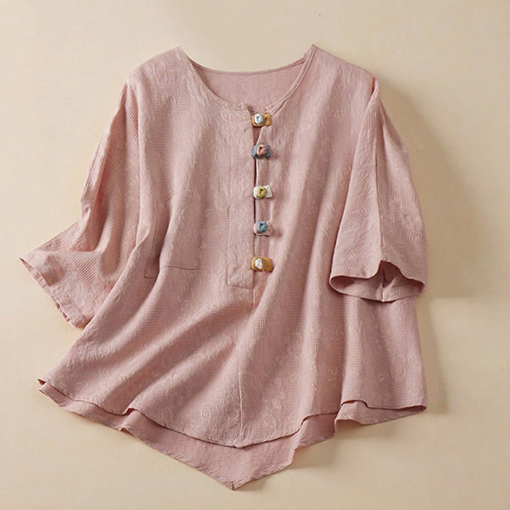 Camisa de mujer informal con estampado de Buddha Stones , flores coloridas y botones de rana, manga corta. - Rosa - US8-10，UK/AU12-14，EU40-42 (2XL) - image 3