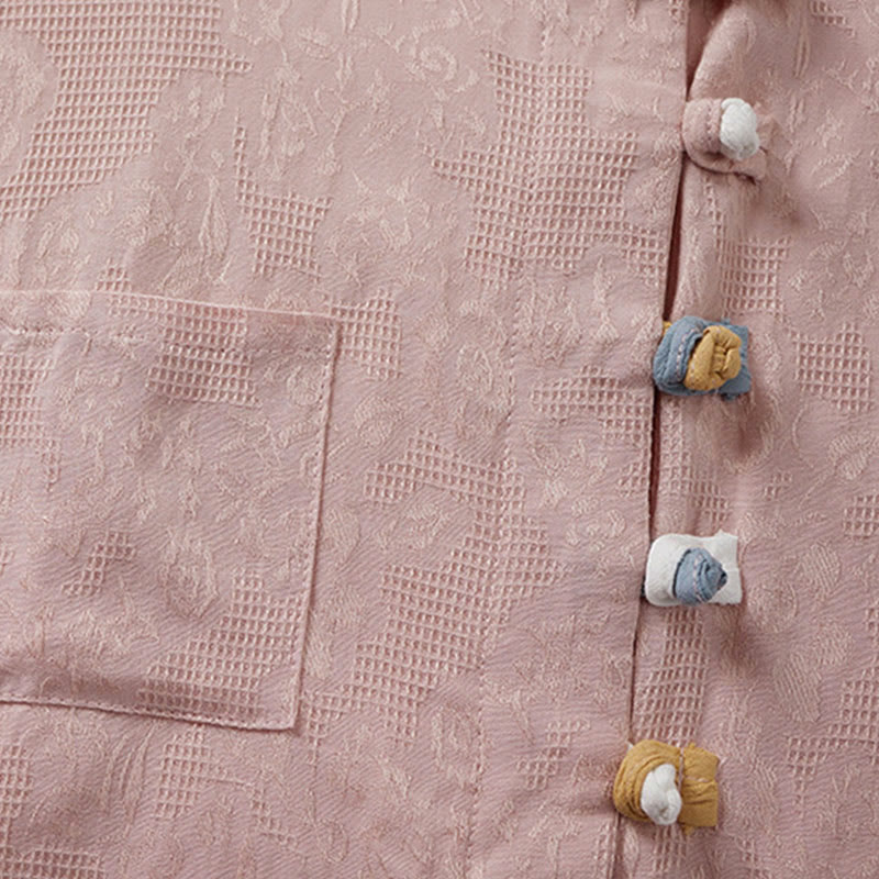 Camisa de mujer informal con estampado de Buddha Stones , flores coloridas y botones de rana, manga corta. - image 6