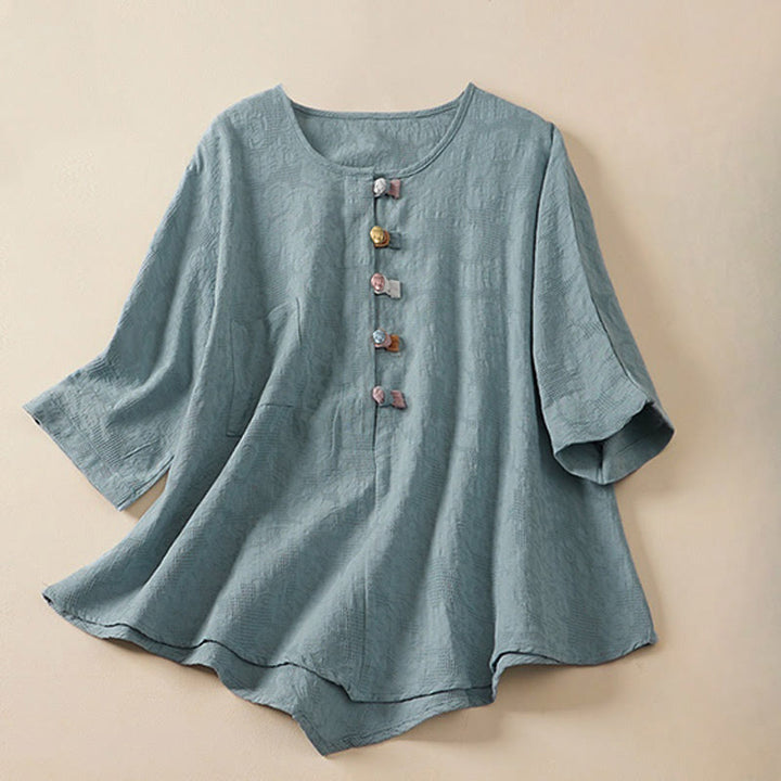 Camisa de mujer informal con estampado de Buddha Stones , flores coloridas y botones de rana, manga corta. - Azul cielo claro - US8-10，UK/AU12-14，EU40-42 (2XL) - image 0