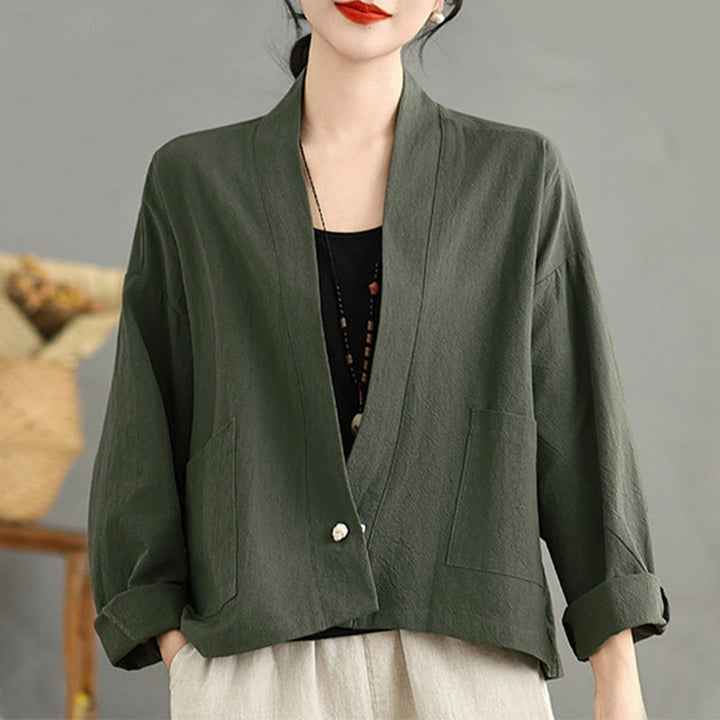 Chaqueta informal vintage de manga larga lisa con bolsillos y estampado de Buddha Stones. - image 15