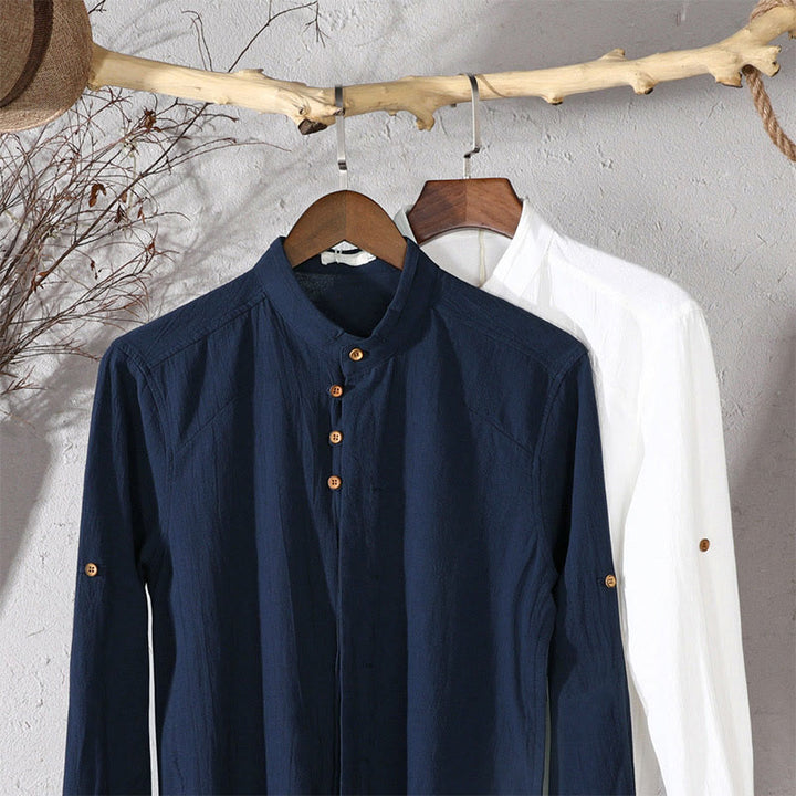Camisa de manga larga para hombre de algodón y lino con cuello redondo y diseño ajustado de Buddha Stones. - image 13