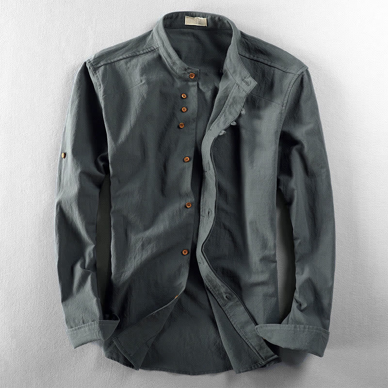 Camisa de manga larga de algodón y lino con cuello redondo y diseño ajustado para hombre de Buddha Stones. - Azul cadete - US/UK/AU48, UE58 (7XL) - image 10