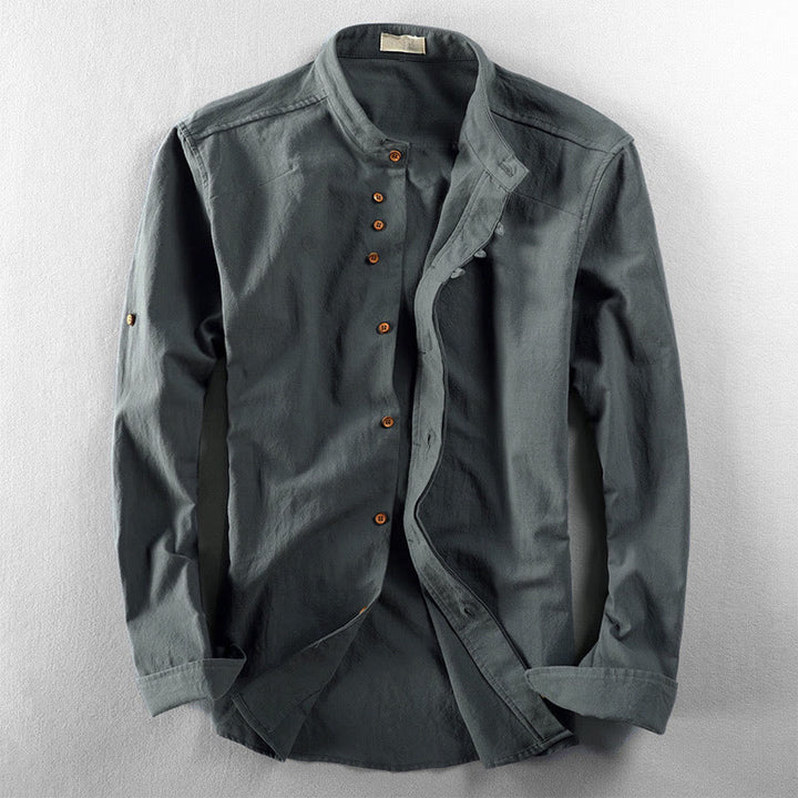 Camisa de manga larga para hombre de algodón y lino con cuello redondo y diseño ajustado de Buddha Stones. - Azul cadete - US/UK/AU48, UE58 (7XL) - image 10