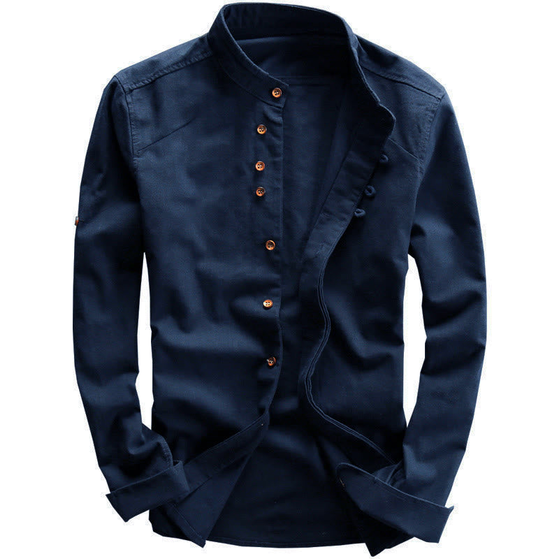 Camisa de manga larga de algodón y lino con cuello redondo y diseño ajustado para hombre de Buddha Stones. - image 1