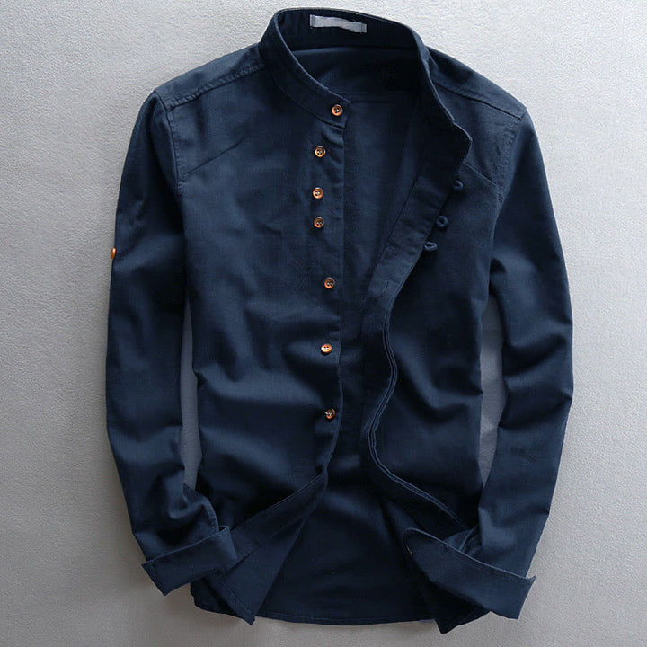 Camisa de manga larga para hombre de algodón y lino con cuello redondo y diseño ajustado de Buddha Stones. - Azul medianoche - US/UK/AU48, UE58 (7XL) - image 0