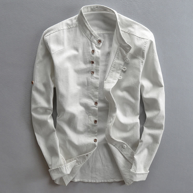 Camisa de manga larga para hombre de algodón y lino con cuello redondo y diseño ajustado de Buddha Stones. - Blanco - US/UK/AU48, UE58 (7XL) - image 3